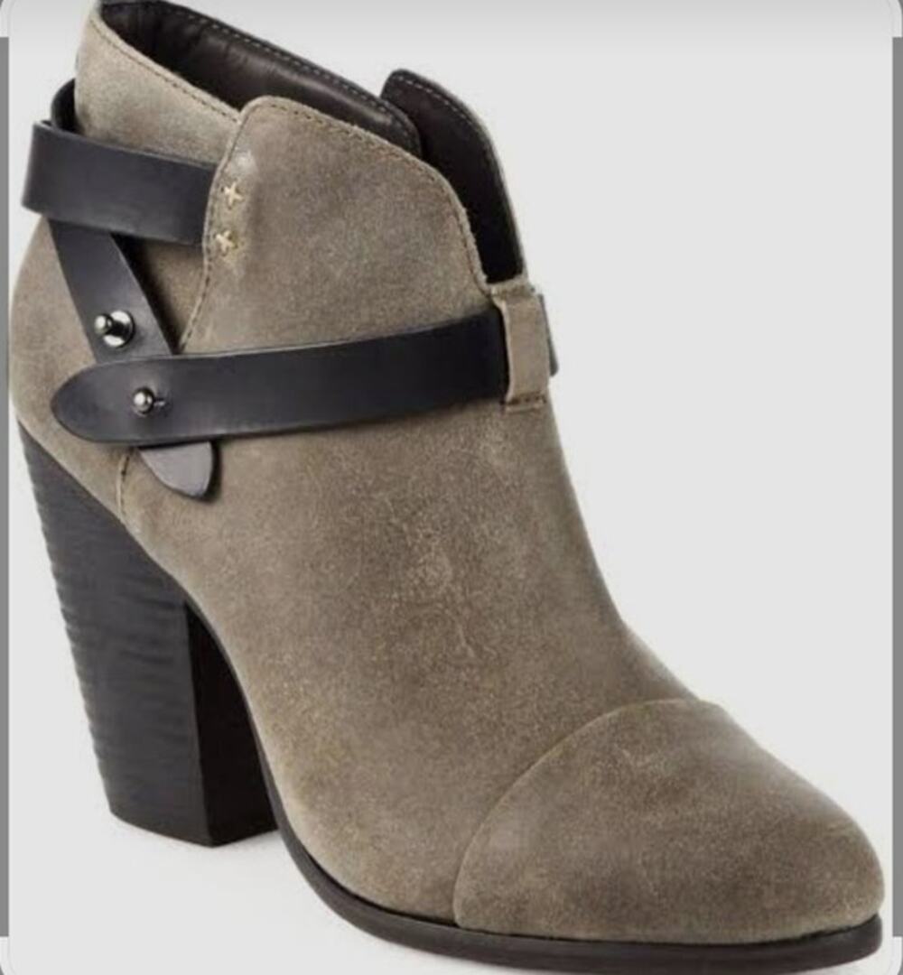 Rag & Bone Harrow Booties Taupe Suede Black Leather SZ 36.5 US 6.5 Stacked Heel